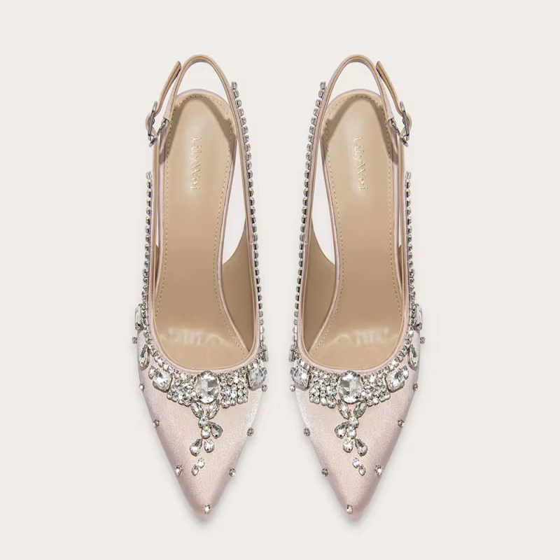 Women's Pointed-Toe Satin Crystal Embellished Low-Heel Sandals