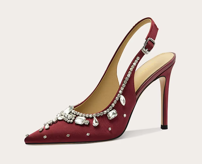 Women's Pointed-Toe Satin Crystal Embellished Low-Heel Sandals
