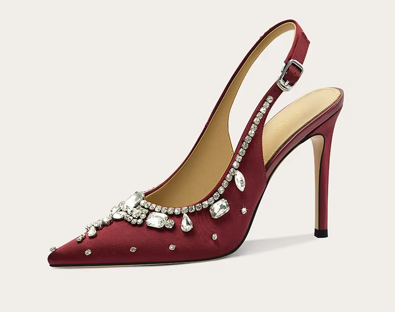 Women's Pointed-Toe Satin Crystal Embellished Low-Heel Sandals