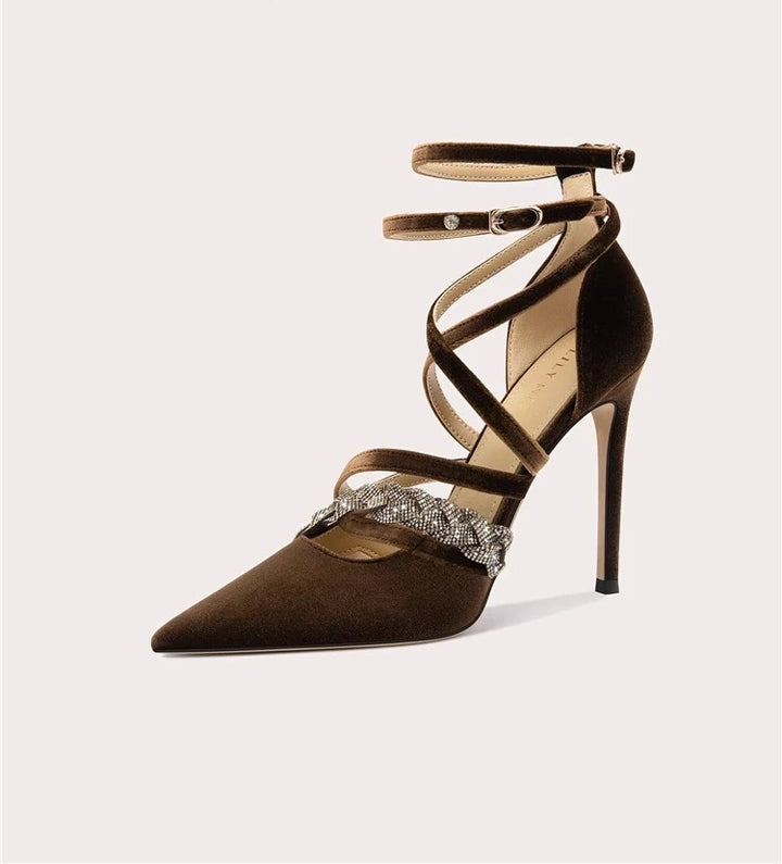 Women's Pointed-Toe Suede Rhinestone Lace-Up High-Heel Sandals