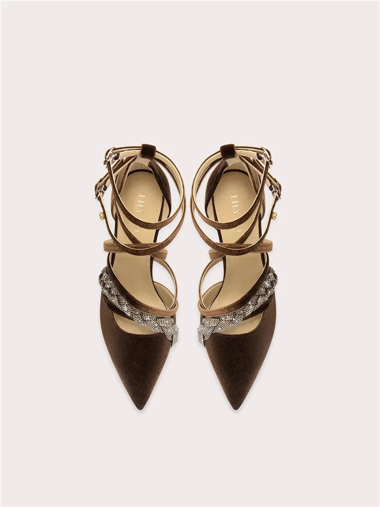 Women's Pointed-Toe Suede Rhinestone Lace-Up High-Heel Sandals