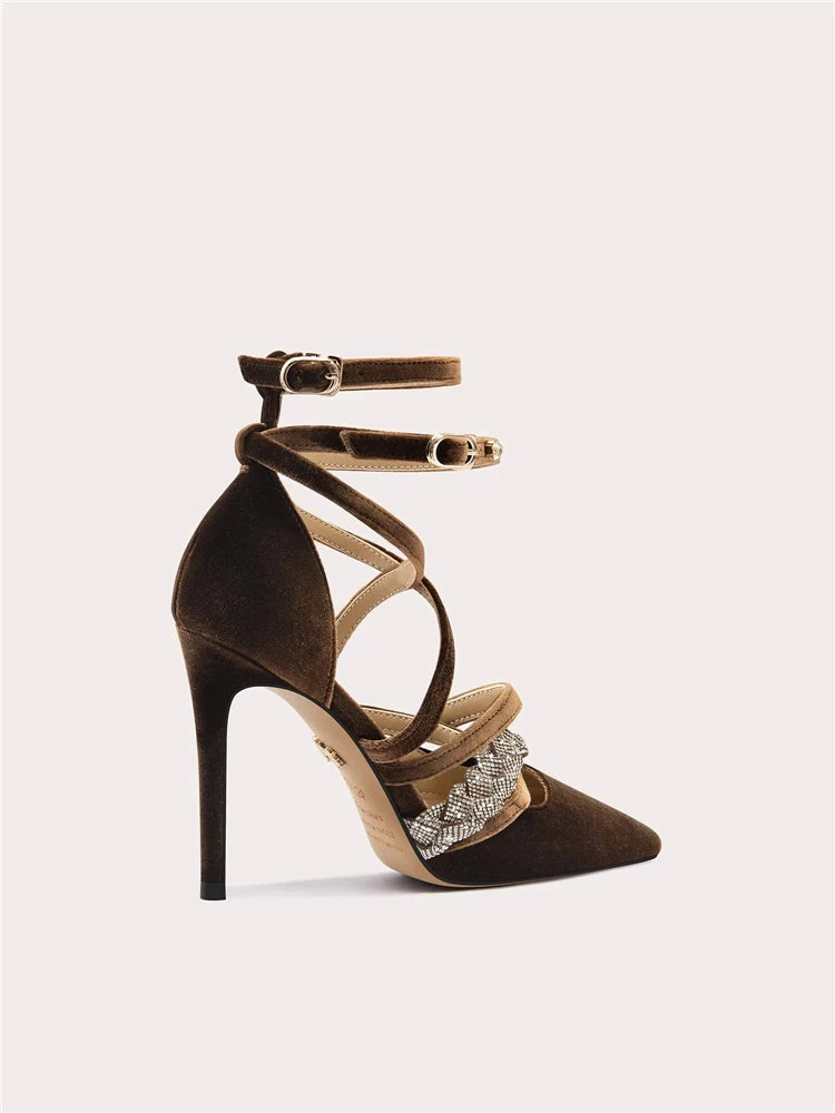 Women's Pointed-Toe Suede Rhinestone Lace-Up High-Heel Sandals