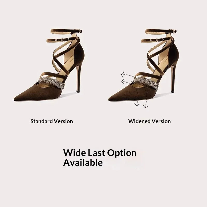 Women's Pointed-Toe Suede Rhinestone Lace-Up High-Heel Sandals