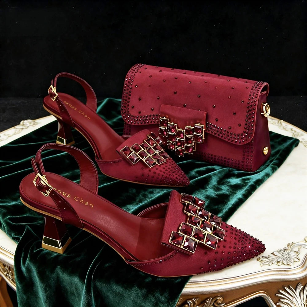 Women's Rhinestone High Heels and Matching Bag Set – Elegant Wedding Party Shoes