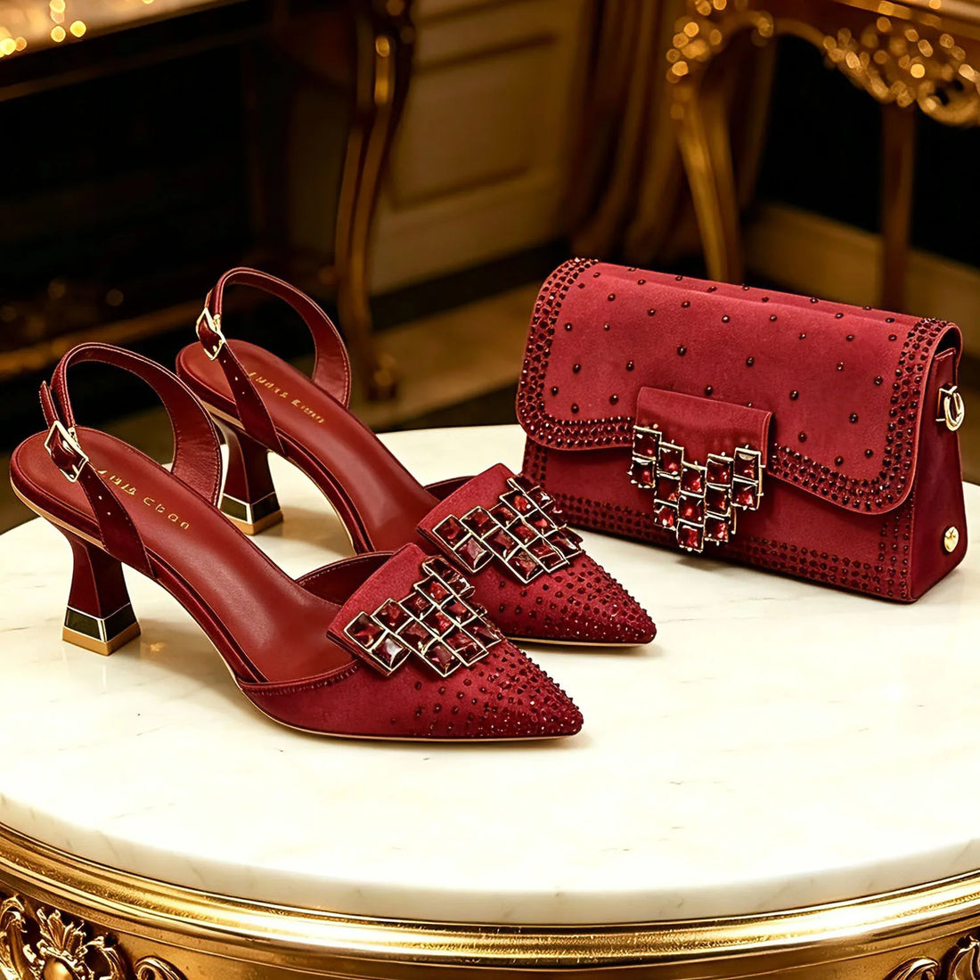 Women's Rhinestone High Heels and Matching Bag Set – Elegant Wedding Party Shoes