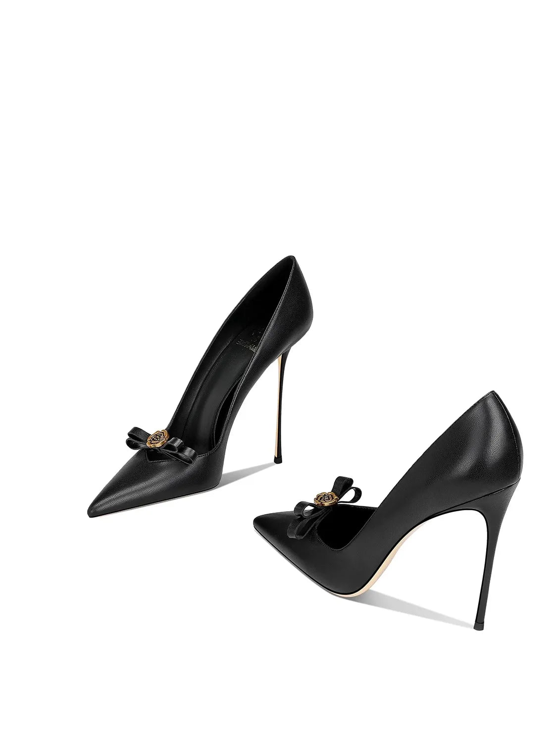 Women's Rose Bow Stiletto High Heels – Pointed Toe Leather Pumps with Metallic Detail for Weddings