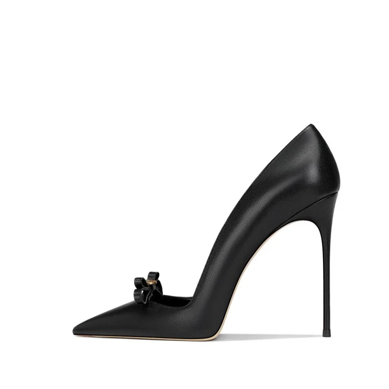 Women's Rose Bow Stiletto High Heels – Pointed Toe Leather Pumps with Metallic Detail for Weddings