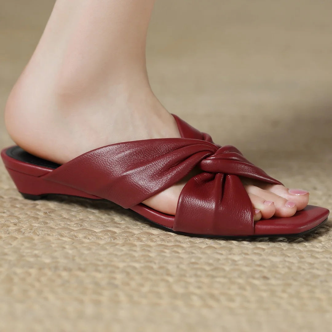 Women's Sheepskin Cross-Strap Bow Sandals – Elegant 3 cm  Heel Slides