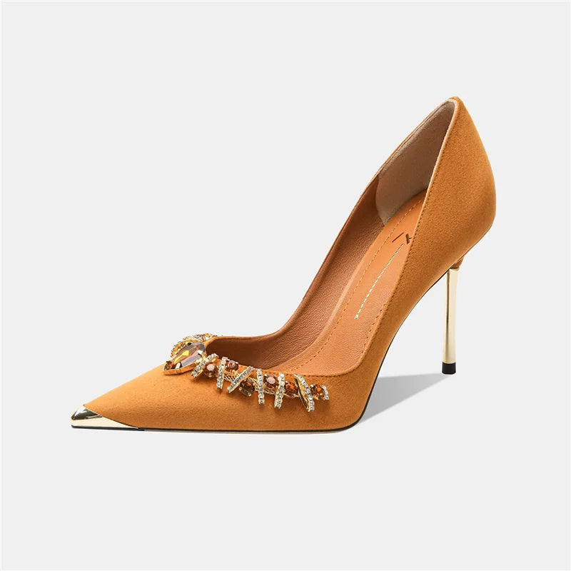 Women's Velvet Rhinestone Pointed Toe High Heels – Elegant Metallic Heel Pumps for Weddings