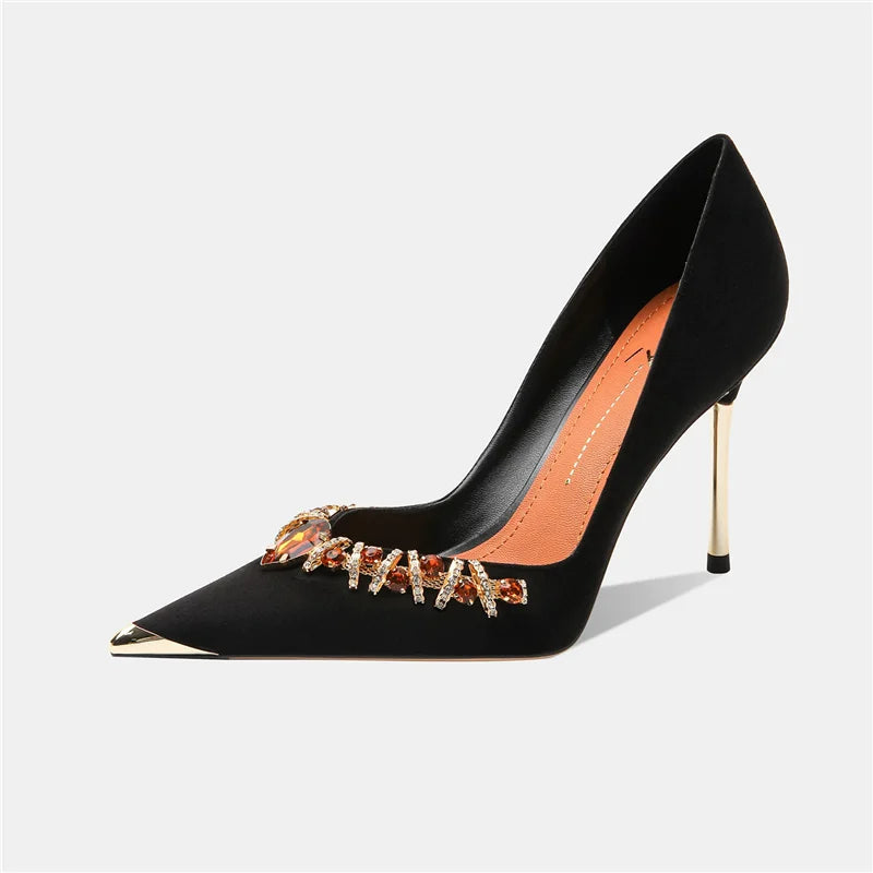 Women's Velvet Rhinestone Pointed Toe High Heels – Elegant Metallic Heel Pumps for Weddings