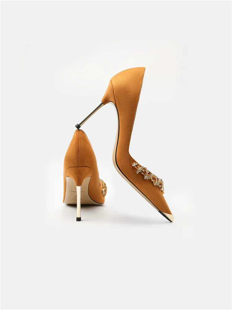Women's Velvet Rhinestone Pointed Toe High Heels – Elegant Metallic Heel Pumps for Weddings