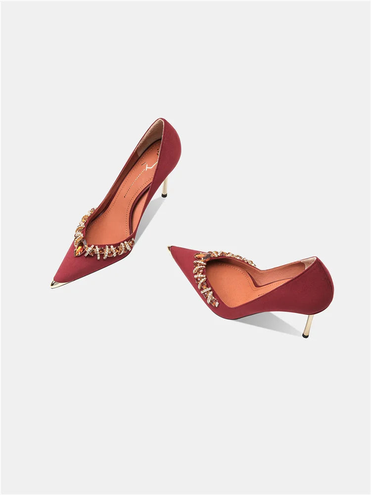 Women's Velvet Rhinestone Pointed Toe High Heels – Elegant Metallic Heel Pumps for Weddings