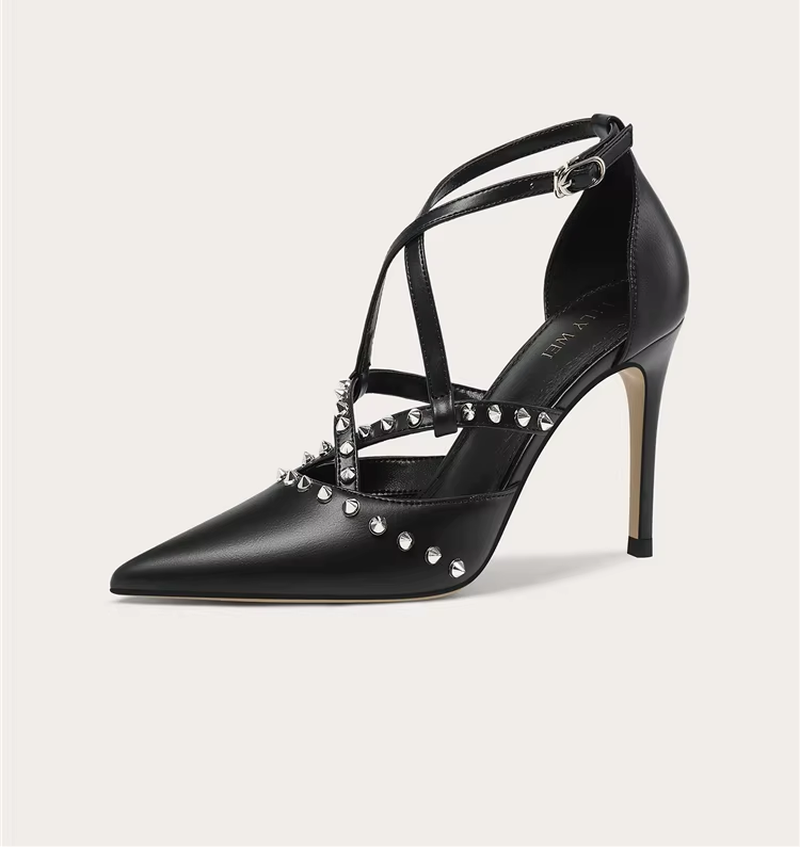 Women's Black Leather Pointed-Toe Rivet High-Heel Dress Sandals