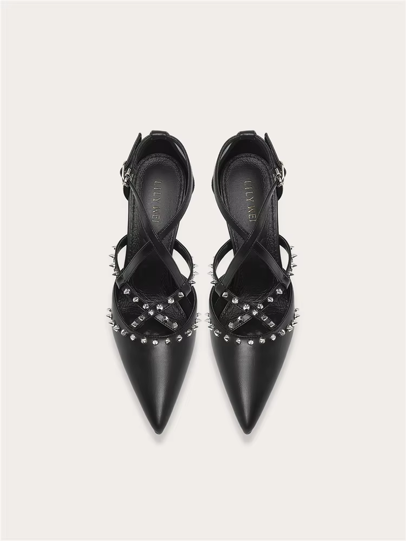 Women's Black Leather Pointed-Toe Rivet High-Heel Dress Sandals
