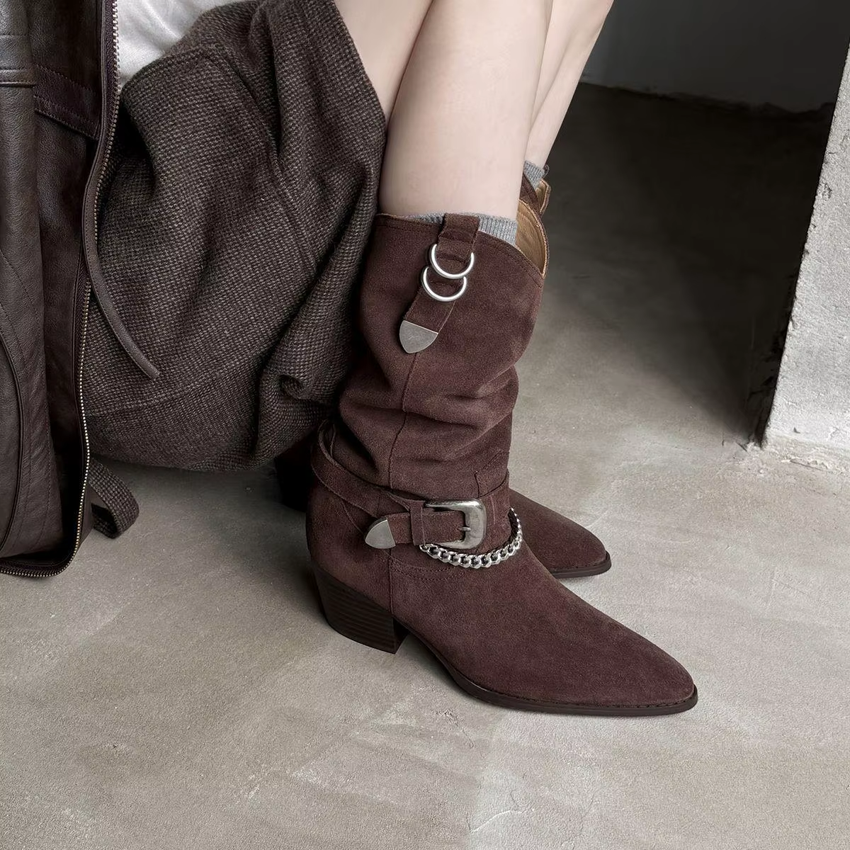 Women's Brown Suede Equestrian Riding Boots – Mid-Calf Chunky Heel with Buckle Detail