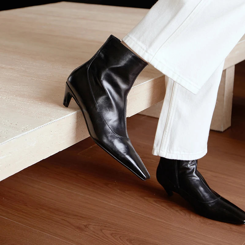 Women's Genuine Leather Ankle Boots – Square Toe Low Kitten Heel Fashion Boots