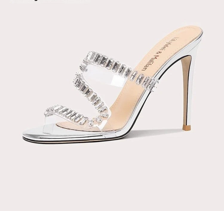 Women's PVC Rhinestone Square-Heel High-Heel Sandals