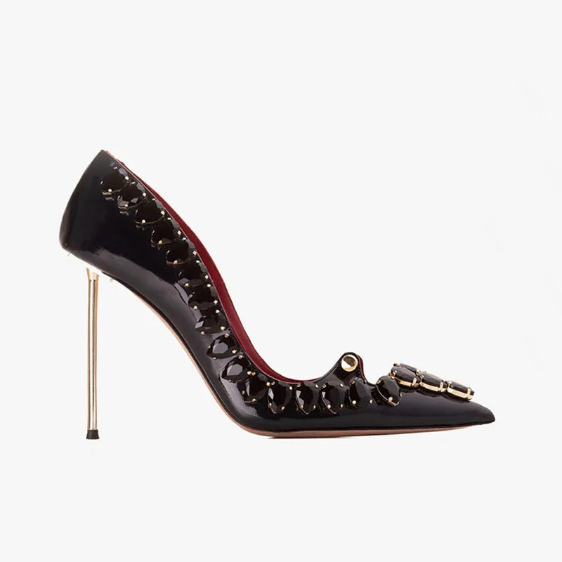 Women's Patent Leather Stiletto Heels – Pointed Toe Crystal Rhinestone Buckle Pumps