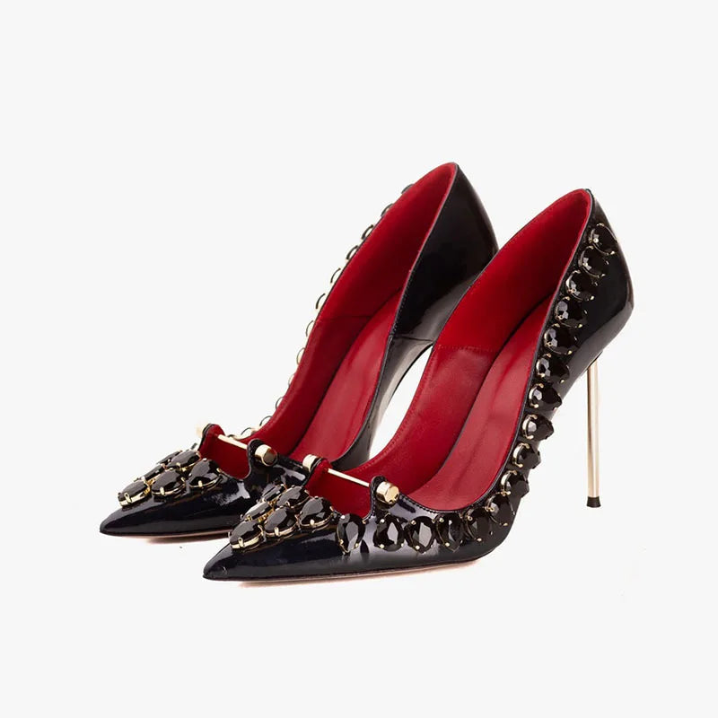 Women's Patent Leather Stiletto Heels – Pointed Toe Crystal Rhinestone Buckle Pumps