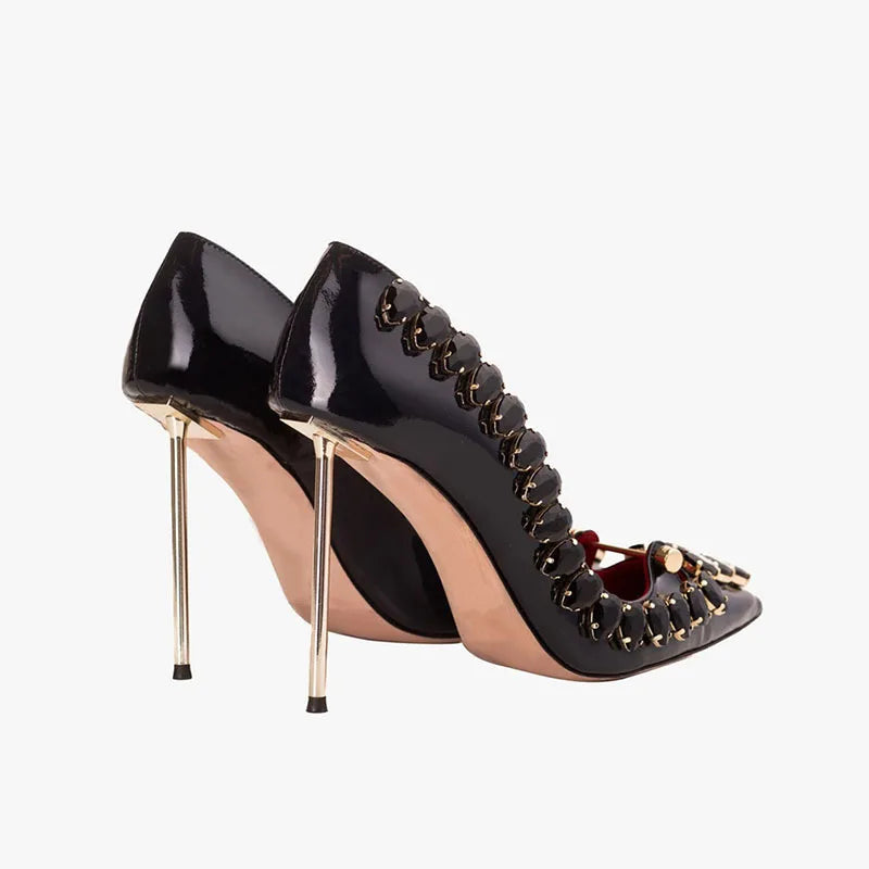 Women's Patent Leather Stiletto Heels – Pointed Toe Crystal Rhinestone Buckle Pumps