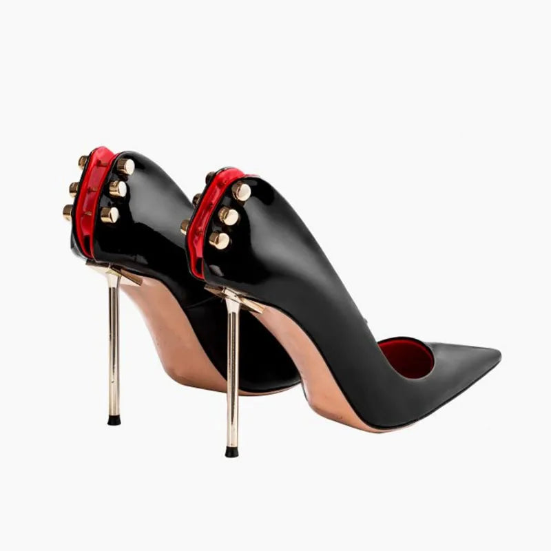Women's Patent Leather Stiletto Pumps – Pointed Toe Hollow Metal Heel Buckle Shoes