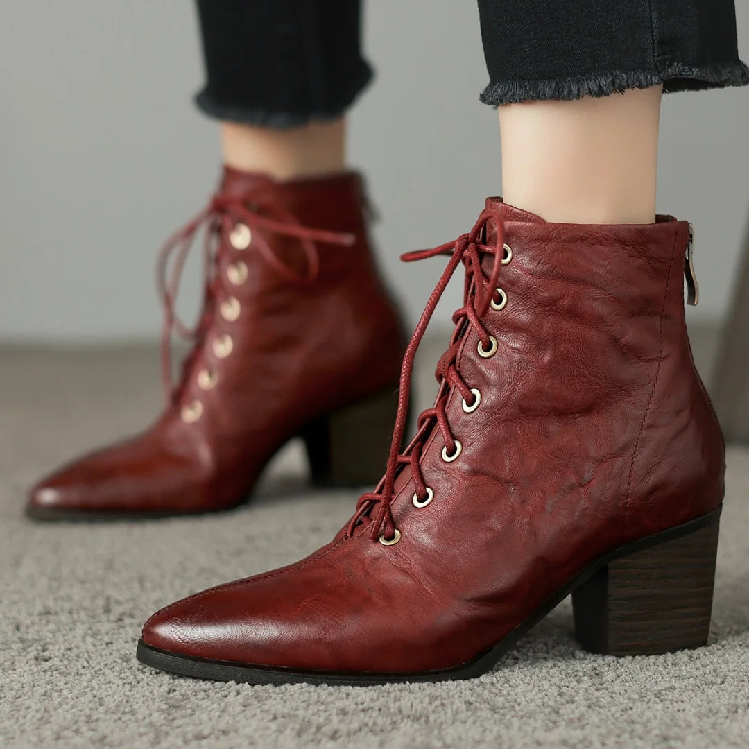 Women's Sheepskin Ankle Boots – Pointed Toe, Lace-Up Design, 6cm Chunky Heel