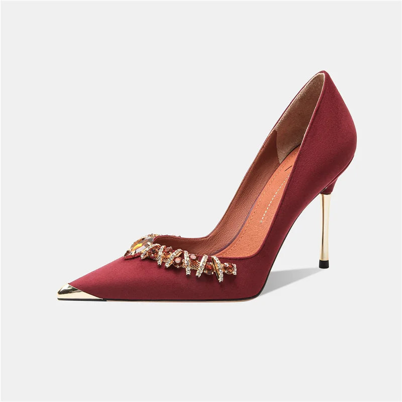 Women's Velvet Rhinestone Pointed Toe High Heels – Elegant Metallic Heel Pumps for Weddings