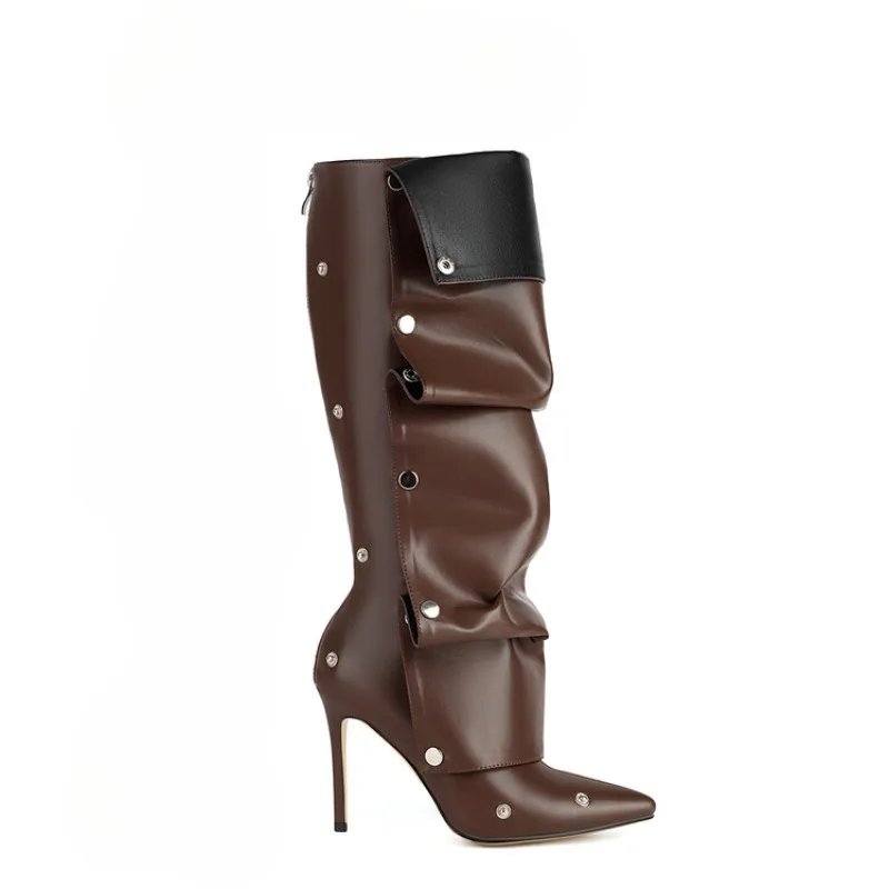 New Wrinkled Metal Button Spliced Women Knee-High Boots