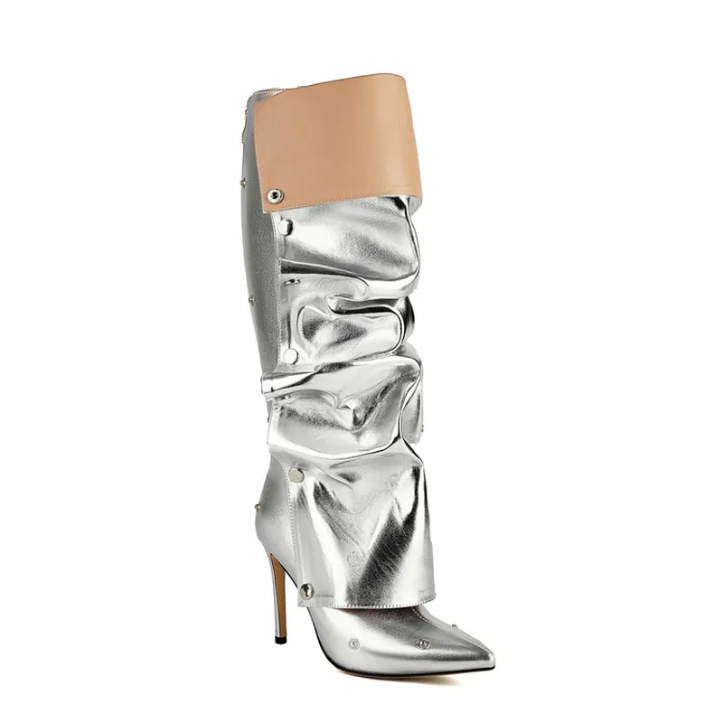 New Wrinkled Metal Button Spliced Women Knee-High Boots