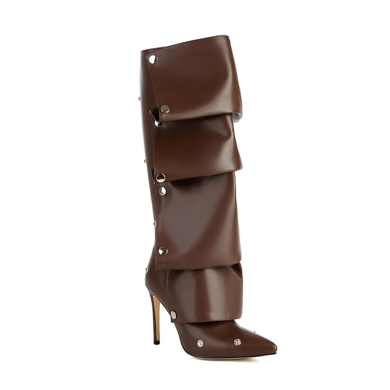 New Wrinkled Metal Button Spliced Women Knee-High Boots