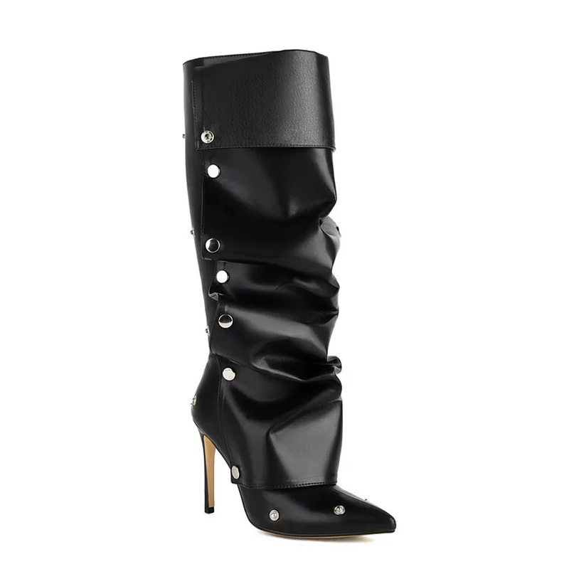 New Wrinkled Metal Button Spliced Women Knee-High Boots