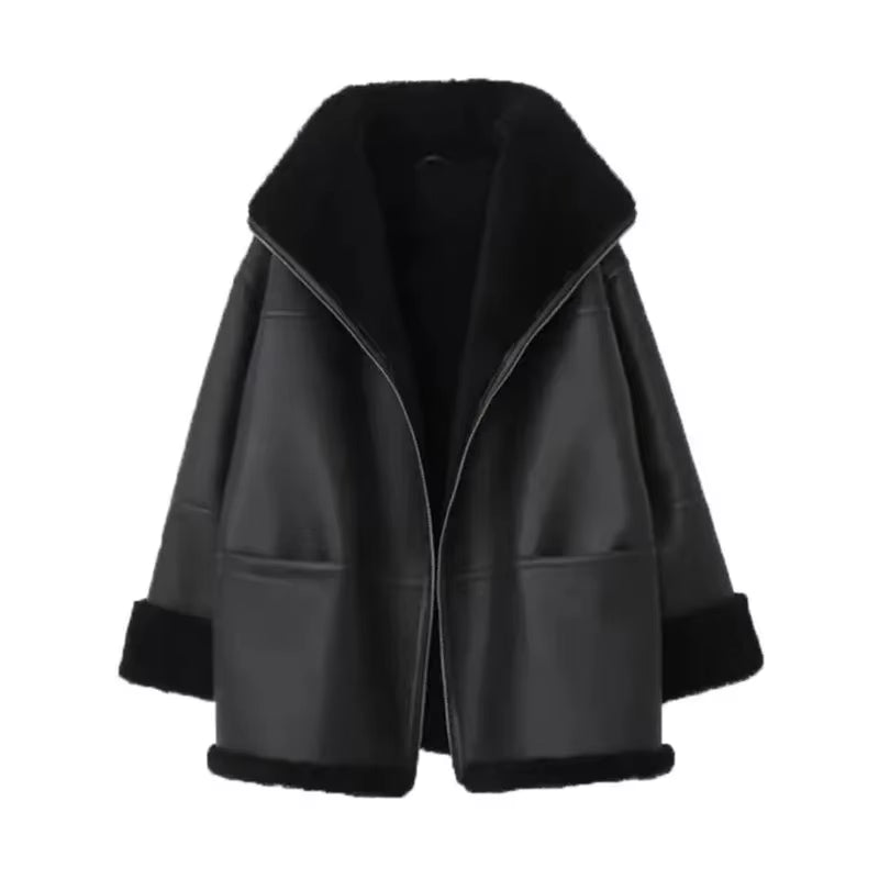 New Women Long Sleeve Fur Leather Jacket