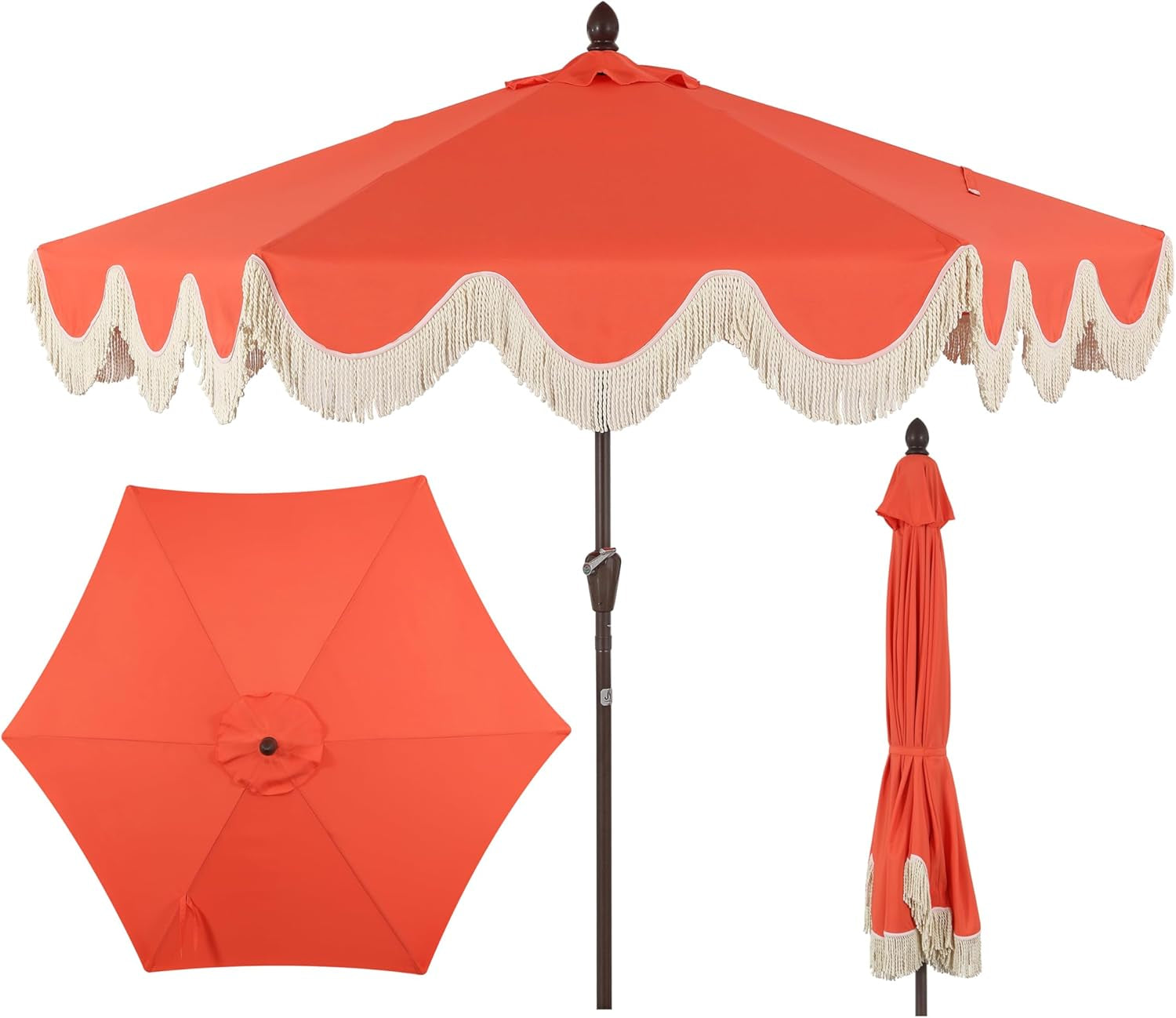 UMB1001 Collins 9 Ft. Classic Cottage Tassel Market Patio Umbrella with Auto-Tilt, Crank, Wind Vent and UV Protection