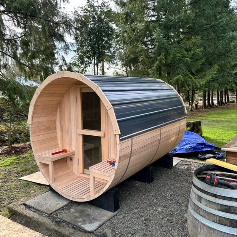 New Oversized 6Ft X 8Ft Red Cedar Barrel Outdoor Sauna 