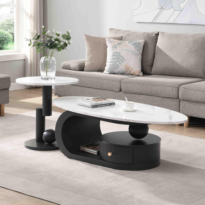 Nesting Oval Coffee Table Set of 2 Black Faux Marble