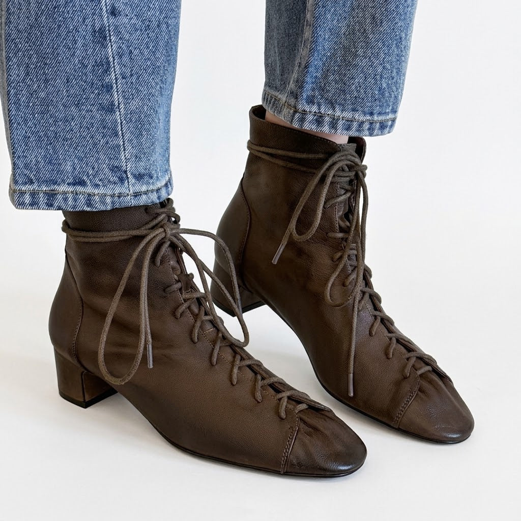 Luxury Women's Sheepskin Lace-Up Ankle Boots – 4cm Mid-Heel Autumn Booties