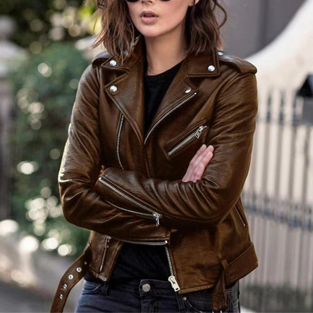 New Stylish Short Jacket Solid Female Moto Biker Jackets Thin Ladies Cool Faux Leather Jacket Slim Short Leather Outwear