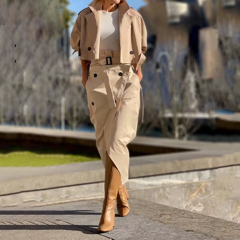 Women'S Long-Sleeved Cardigan Turn-Down Collar Coat High Waist Split Skirt Suit New Spring Autumn Solid Slim Fit Two-Piece Suit