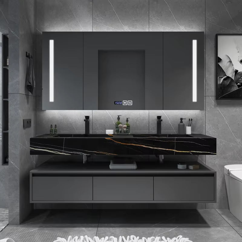 Customized Slate Solid Wood Double Sink Grey Bathroom Vanity Cabinets
