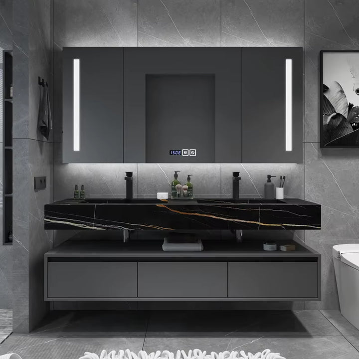 Customized Slate Solid Wood Double Sink Grey Bathroom Vanity Cabinets