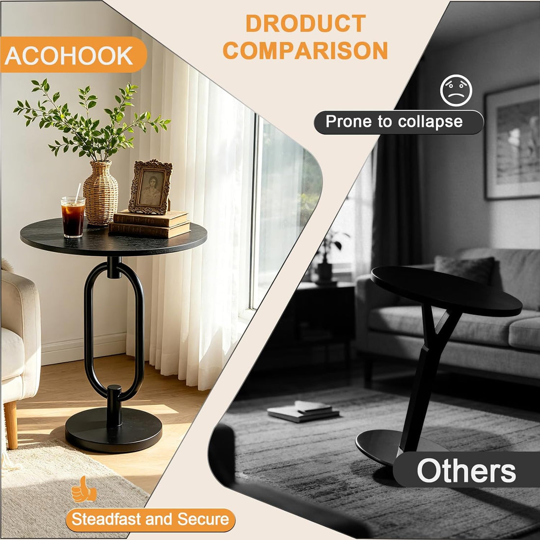 17In Black round Side Table Heavy Duty Modern End Table Stable Sofa Side Table with Marble Base Integrated Accent Coffee Table Nightstand for Living Room Bedroom Backyard