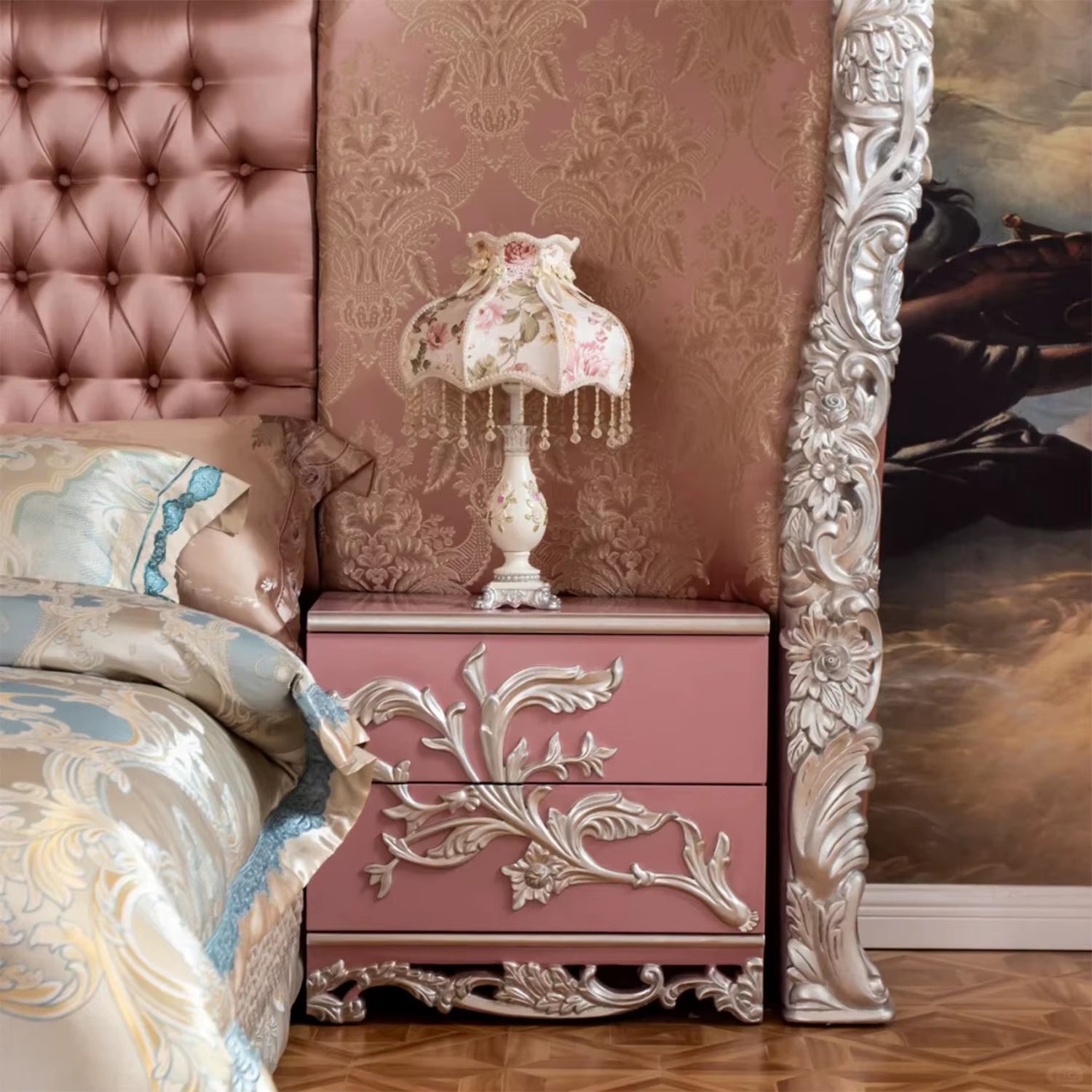 French Classic Hand Carved Silver Wood Bedroom Furniture Bed 