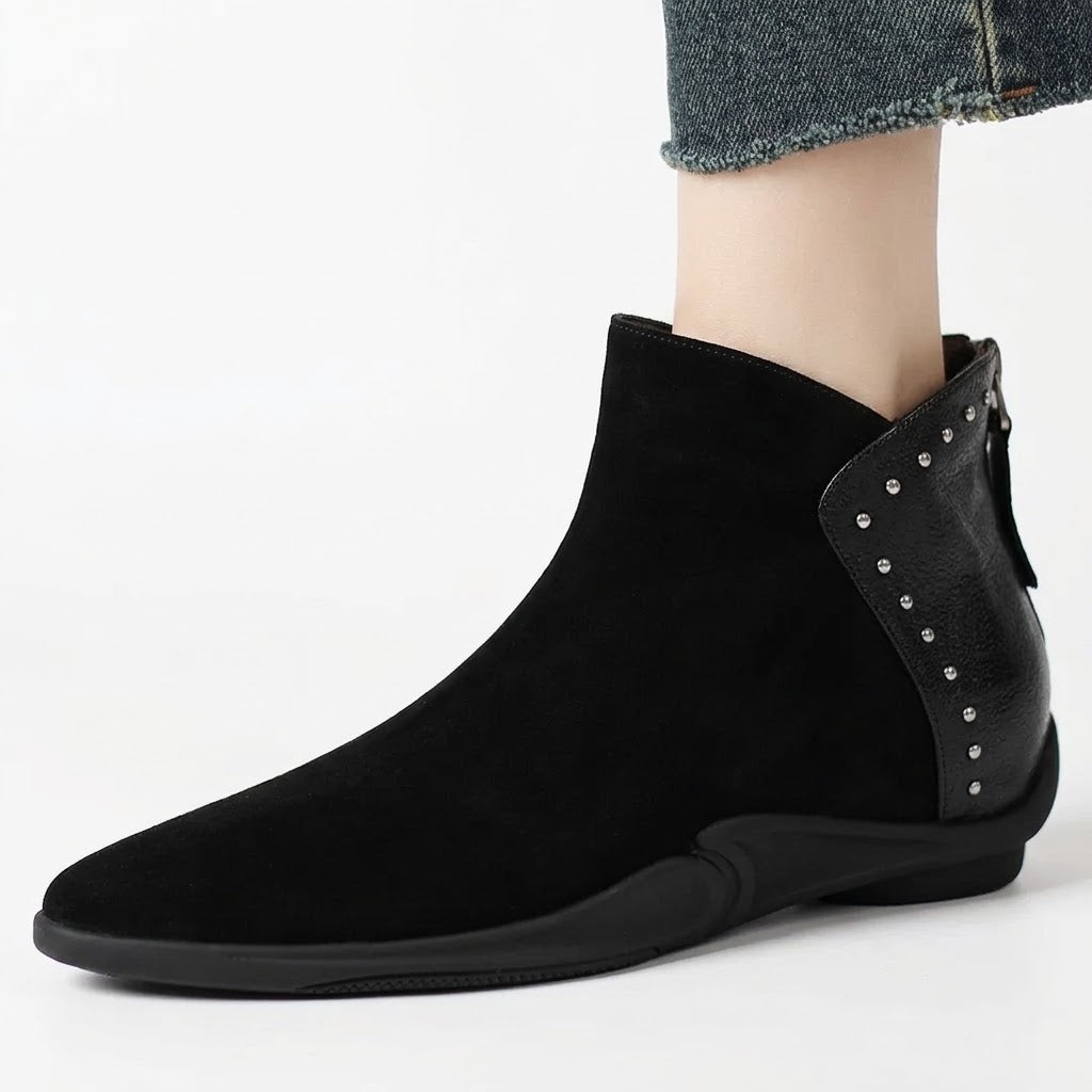 Women's Natural Suede Leather Sheepskin Ankle Boots – Pointed-Toe Rivet Design