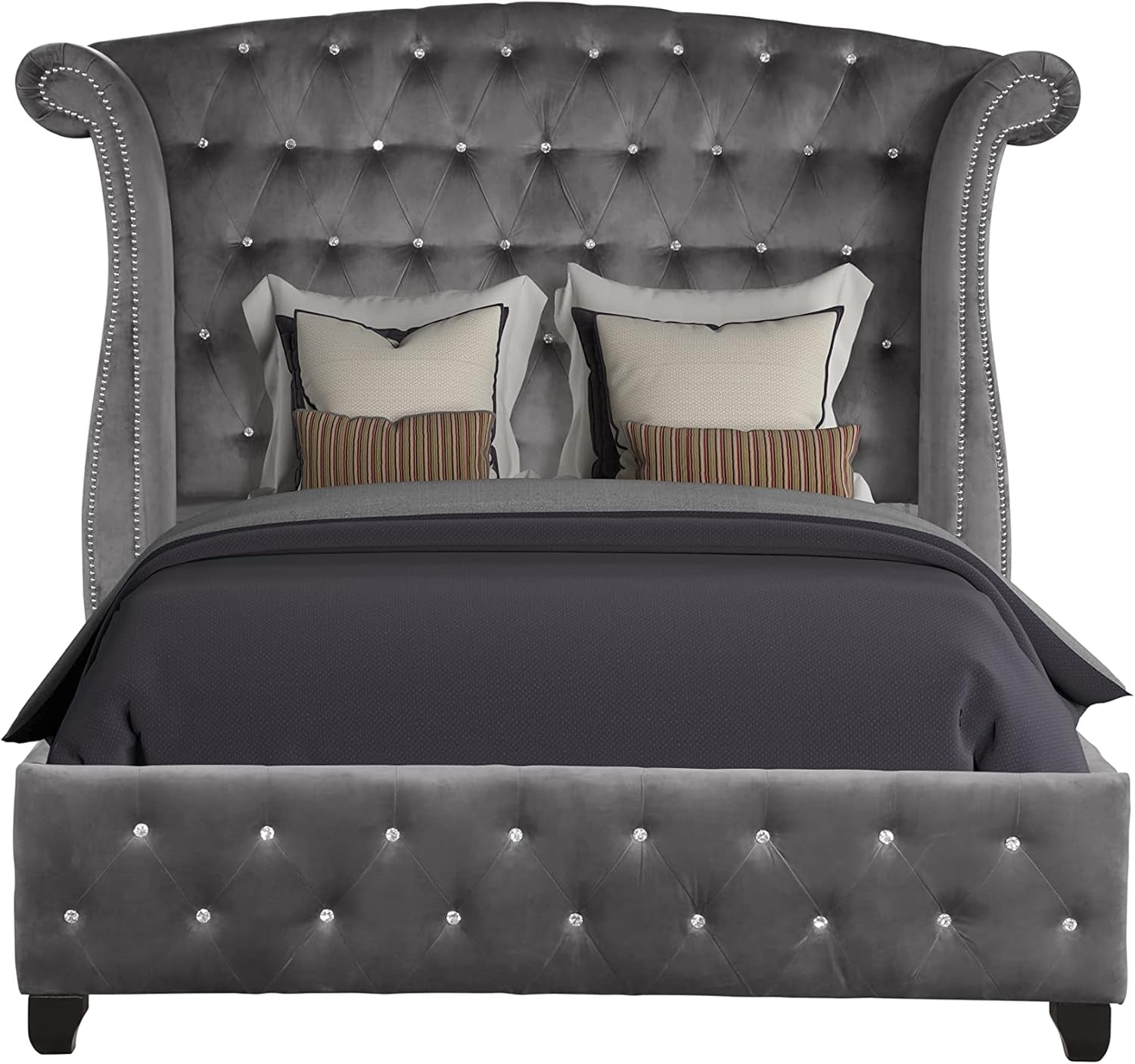 Luxury Bed Frame - Velvet Upholstered Platform Bed with Rolled Headboard 