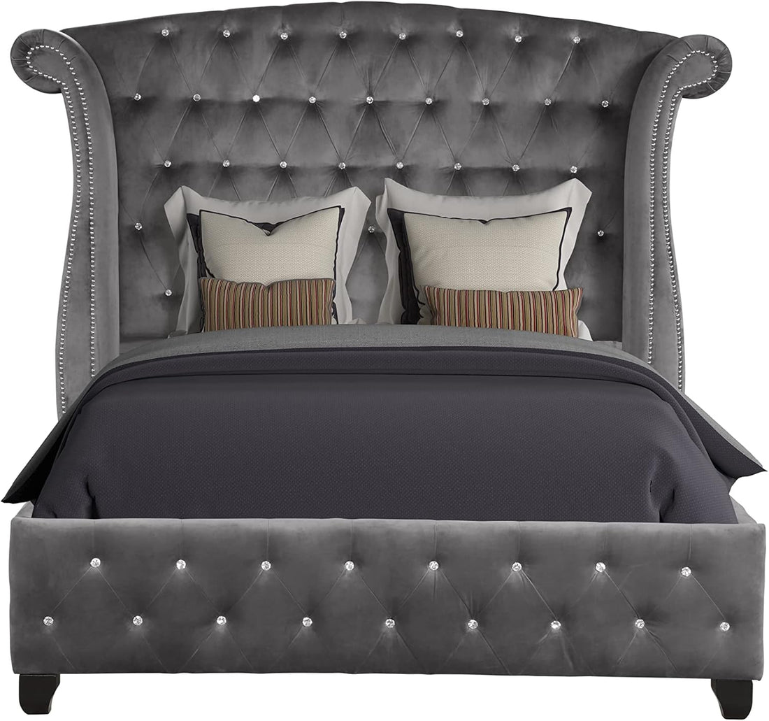 Luxury Bed Frame - Velvet Upholstered Platform Bed with Rolled Headboard 