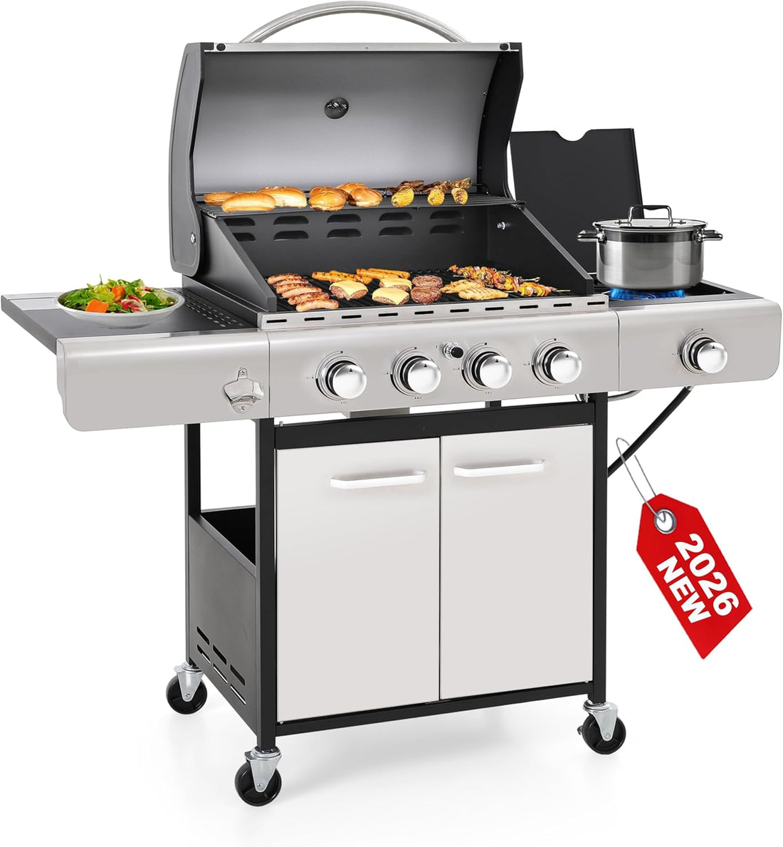 6 Burner Propane Gas BBQ Grill with Side Burner & Porcelain-Enameled Cast Iron Grate, 65,800 Btus Barbecue Grill 665 Sq. In. Grilling Area, Outdoor Propane Grill for Camping Patio Backyard Cooking