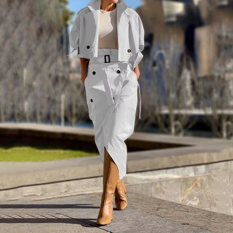 Women'S Long-Sleeved Cardigan Turn-Down Collar Coat High Waist Split Skirt Suit New Spring Autumn Solid Slim Fit Two-Piece Suit