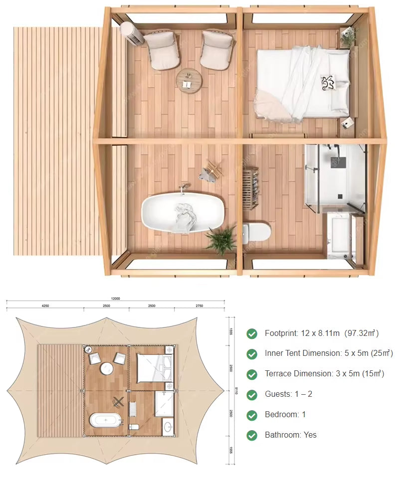 2 Person Grade 9 Windproof African Safari Tent Lodge Luxury Canvas Kenya House for Living in Rainforest