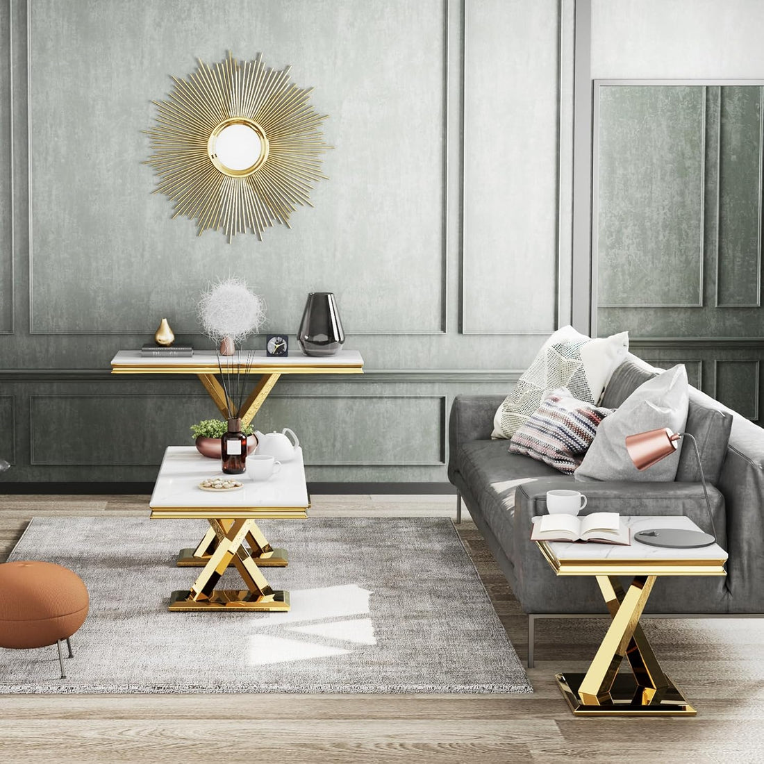 Gold Console Table, 50" Entryway Table with White Tabletop & Gold Polished X-Base, Luxury Sofa Table for Living Room, Hallway, Foyer