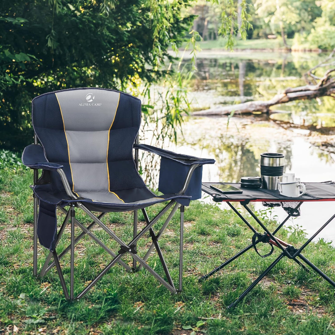 Folding Camping Chair Oversized Heavy Duty Padded Outdoor Chair with Cup Holder Storage and Cooler Bag, 450 LBS Weight Capacity, Thicken 600D Oxford,2 Pack